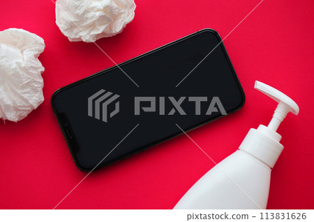 Mockup for adult content website or app on smartphone display with porn watching attributes for masturbation. Copy space Mockup for adult content website or app on smartphone display with porn watching attributes for masturbation. Copy space 113831626