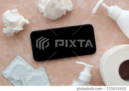 Mockup for adult content website or app on smartphone display with porn watching attributes for masturbation. Copy space 113831628