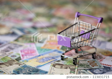 Supermarket trolley on many banknotes of different currency. Background of shopping worldwide close up Supermarket trolley on many banknotes of different currency. Background of shopping worldwide close up 113831715