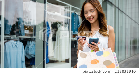 Fashion accessory overload ,young woman with shopping bags, smartphone, and credit card in front of a store window. Retail therapy for the fashion-savvy Fashion accessory overload ,young woman with shopping bags, smartphone, and credit card in front of a store window. Retail therapy for the fashion-savvy 113831910