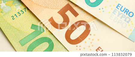 European money euro banknotes. Bills of European union currency close up European money euro banknotes. Bills of European union currency close up 113832079