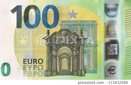 Fragment of one hundred euro money bill. Details of European union currency banknote of 100 euro close up Fragment of one hundred euro money bill. Details of European union currency banknote of 100 euro close up 113832086
