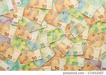 Many european euro money bills. Lot of banknotes of european union currency close up 113832087