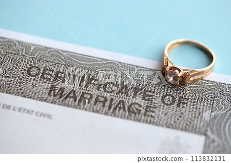 Canadian Certificate of registration of marriage blank document and wedding ring close up 113832131
