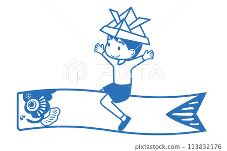 A simple line drawing of a boy wearing a helmet riding on a carp streamer for Children's Day, Boys' Festival A simple line drawing of a boy wearing a helmet riding on a carp streamer for Children's Day, Boys' Festival 113832176