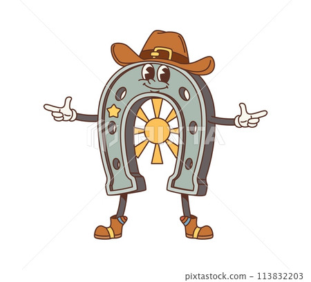 Cartoon retro horseshoe Wild West groovy character. Old american Western sheriff horseshoe vector personage with vintage cowboy hat and boots, golden star and sun. Groovy funky Western marshal emoji Cartoon retro horseshoe Wild West groovy character. Old american Western sheriff horseshoe vector personage with vintage cowboy hat and boots, golden star and sun. Groovy funky Western marshal emoji 113832203