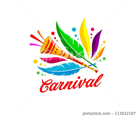 Brazil carnival party icon, entertainment event. Isolated vector vibrant emblem, features a burst of colorful feathers and pipe instrument, encapsulating the spirit of festivity and joy of Rio holiday Brazil carnival party icon, entertainment event. Isolated vector vibrant emblem, features a burst of colorful feathers and pipe instrument, encapsulating the spirit of festivity and joy of Rio holiday 113832207