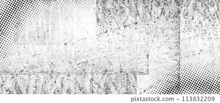 Halftone grunge punk texture. Distorted rough dirty scratches and splashes background. Dotted glitch wallpaper for brochure, banner, poster, flyer, print, overlay. Distress scuffed vector backdrop Halftone grunge punk texture. Distorted rough dirty scratches and splashes background. Dotted glitch wallpaper for brochure, banner, poster, flyer, print, overlay. Distress scuffed vector backdrop 113832209