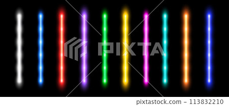 Glowing neon tube lamp set. Led light line beam collection. Bright luminous fluorescent diode bar stick lines. Shining colorful strip element pack to divide, separate, decorate. Vector bundle Glowing neon tube lamp set. Led light line beam collection. Bright luminous fluorescent diode bar stick lines. Shining colorful strip element pack to divide, separate, decorate. Vector bundle 113832210