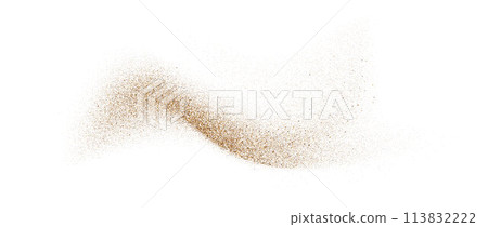 Sand powder splash. Flowing dust speckles and particles wave texture. Ground grain scatter element. Gritty explosion wind shape for overlay, poster, banner, brochure, leaflet. Vector sandy background 113832222