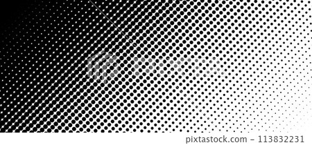 Dotted halftone diagonal texture. Fading polka dot gradient background. Repeating dots gradation pattern. Black vanishing comic pop art overlay backdrop. Raster effect wallpaper. Vector illustration 113832231