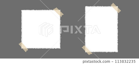 Ripped paper glued on adhesive tape. Jagged templates for mockup, poster design, banner, flyer, brochure, mood board, photo album. Empty craft rectangle and square paper note pieces. Vector blank memo Ripped paper glued on adhesive tape. Jagged templates for mockup, poster design, banner, flyer, brochure, mood board, photo album. Empty craft rectangle and square paper note pieces. Vector blank memo 113832235