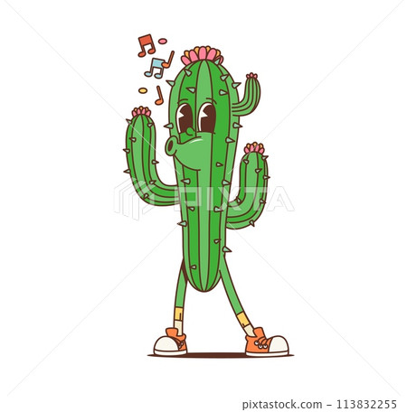 Cartoon retro Mexican cactus succulent groovy character as hippie of 70s, vector funky art. Happy groovy cactus whistling melody or singing song notes, 70s hippie or hipster silly cartoon character Cartoon retro Mexican cactus succulent groovy character as hippie of 70s, vector funky art. Happy groovy cactus whistling melody or singing song notes, 70s hippie or hipster silly cartoon character 113832255