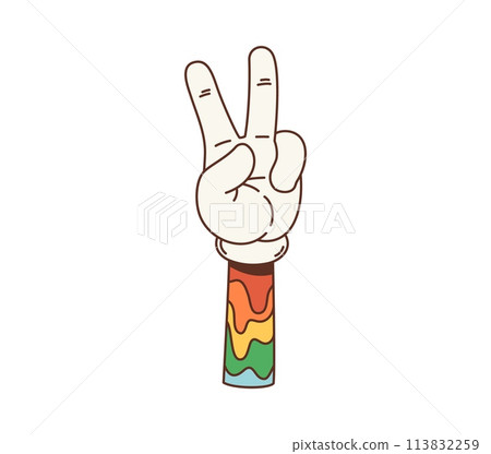 Peace gesture, cartoon retro hippie groovy symbol, signifies harmony and non-violence, promoting love and unity during the 1960s counterculture movement. Vector hand with raised fingers showing V sign Peace gesture, cartoon retro hippie groovy symbol, signifies harmony and non-violence, promoting love and unity during the 1960s counterculture movement. Vector hand with raised fingers showing V sign 113832259