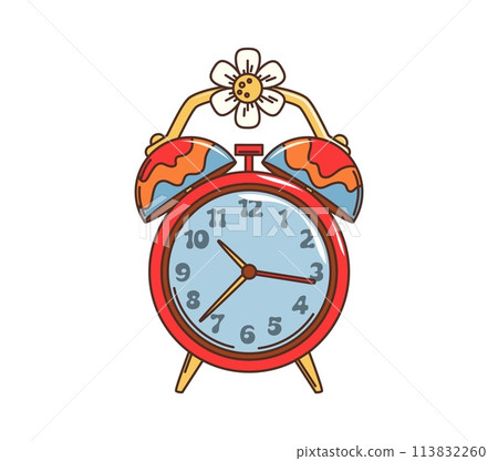 Retro groovy alarm clock element. Isolated vector hippie style clock features a vintage design with daisy flower decor, mechanical bells on top and winding mechanism, offering a nostalgic wake-up call Retro groovy alarm clock element. Isolated vector hippie style clock features a vintage design with daisy flower decor, mechanical bells on top and winding mechanism, offering a nostalgic wake-up call 113832260