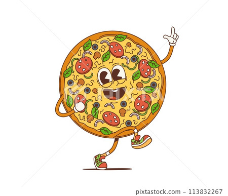 Cartoon retro pizza groovy character celebrate party and dance. Isolated vector vibrant, hippie, whole pepperoni fast food personage with wide, cheesy grin, exudes a cool, funky vibes of 60s or 70s 113832267