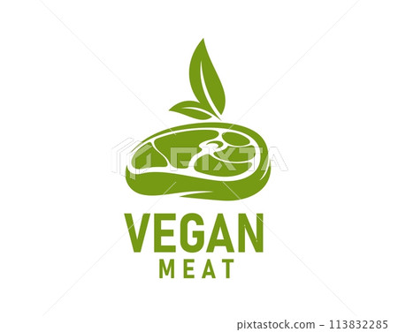 Vegan meat icon, vegetable beef steak. Isolated vector emblem with green leaf or sprout growing from the meatless, plant beef slice. Organic, ecological, plant-based cuisine, healthy vegetarian food 113832285