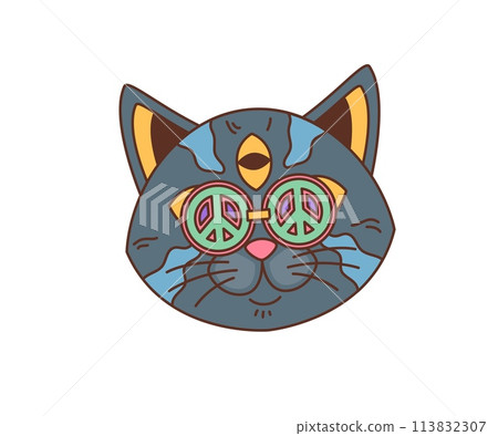 Cartoon retro cat groovy character. Isolated vector funky kitten head in sunglasses with peace symbols, psychedelic patterns and third eye on forehead, exuding cool, laid-back vibe with a groovy smile Cartoon retro cat groovy character. Isolated vector funky kitten head in sunglasses with peace symbols, psychedelic patterns and third eye on forehead, exuding cool, laid-back vibe with a groovy smile 113832307