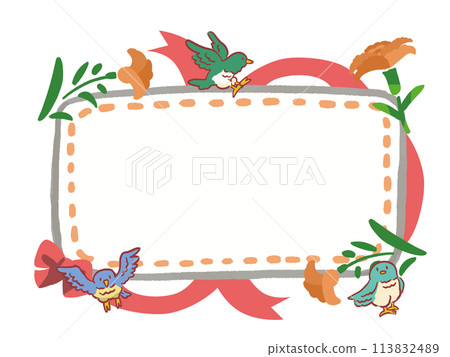 水彩風格緞帶、花鳥框插畫 113832489