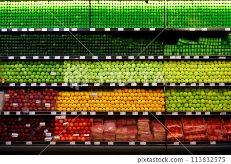 Supermarket showcase with wooden boxes of vegetables. Neural network AI generated art 113832575