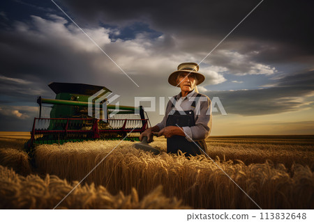 Farmer and agricultural tractor in the field. Neural network AI generated art 113832648