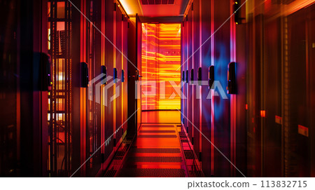 A long hallway with orange lights and a red wall 113832715