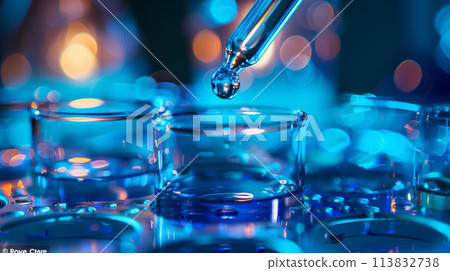 A drop of liquid is falling into a small glass container A drop of liquid is falling into a small glass container 113832738
