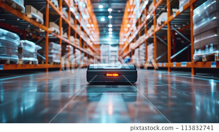A robot is in a warehouse with orange shelves A robot is in a warehouse with orange shelves 113832741