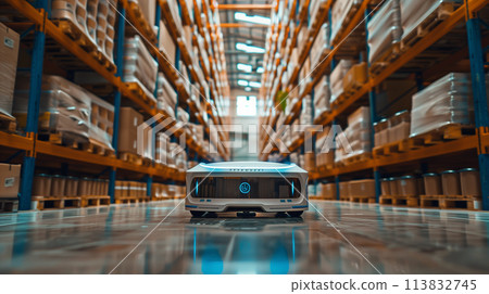 A robot is in a warehouse with a lot of boxes 113832745