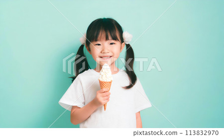 Girl holding soft serve ice cream / smiling, happy, having fun 113832970