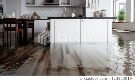 flooded kitchen floor due to water leakage. Neural network AI generated art 113833019