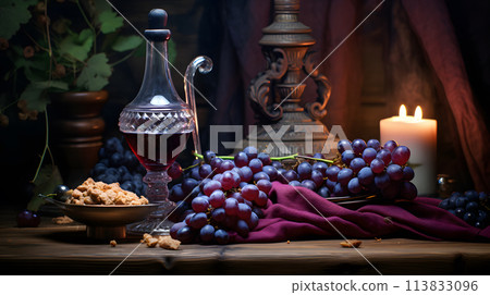 Bottle and glass of wine with bunch of grapes. Neural network AI generated art 113833096
