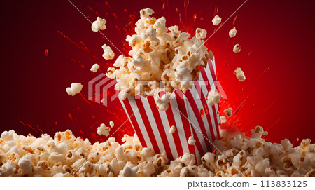 Striped box with popcorn on red background. Neural network AI generated art 113833125