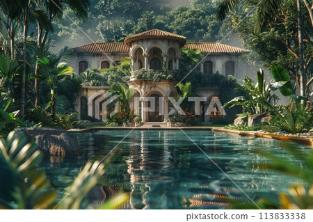 A large, elegant house with a pool in front of it. 113833338
