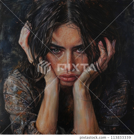 A haunting painting of a woman with her hands covering her face, displaying raw emotion and vulnerability. 113833339
