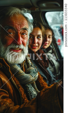 A group of people sitting in the back of a car, chatting and laughing as they explore the city together with the taxi driver. 113833340