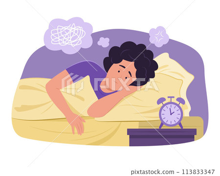 Insomnia Woman Lying in Bed with Stress Feeling for Sleepless Concept Illustration 113833347