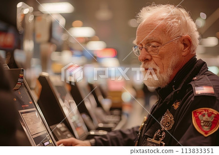 A man in a police uniform is seen using a machine at an airport, carrying out his duties efficiently. 113833351