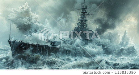 A dynamic painting portraying a majestic ship sailing through rough waters amidst a storm, with dramatic skies and towering waves. A dynamic painting portraying a majestic ship sailing through rough waters amidst a storm, with dramatic skies and towering waves. 113833380