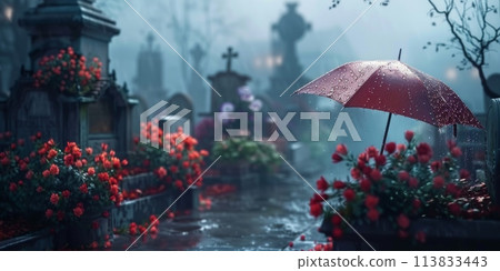 A woman elegantly holds an umbrella aloft, sheltering herself from the rain in a somber cemetery setting. 113833443