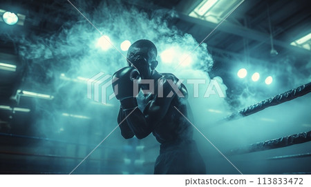 A man stands in a boxing ring, confidently holding a boxing glove as he prepares for a match. 113833472