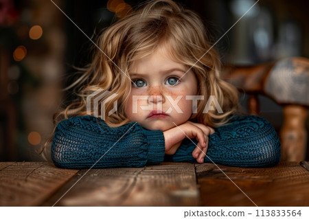 A young girl is seated at a wooden table. 113833564