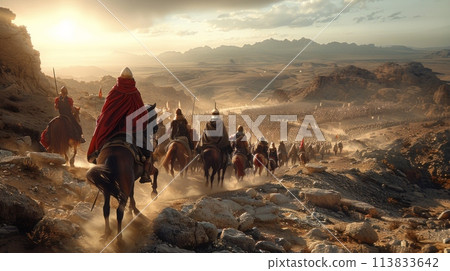 King Leonidas leads a group of 300 Spartans riding on the backs of powerful horses, charging into battle with determination and bravery. 113833642