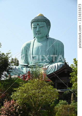 Outdoor great Buddha Daibutsu or Amitabhe Buddha at Wat Pra That Doi Pra Chan. It is a green rust Buddha statue made from a mixture of copper that was used to create it. Outdoor great Buddha Daibutsu or Amitabhe Buddha at Wat Pra That Doi Pra Chan. It is a green rust Buddha statue made from a mixture of copper that was used to create it. 113833873