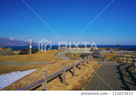 View of the tower top exit of Kaze no Yakata from Cape Erimo in early winter View of the tower top exit of Kaze no Yakata from Cape Erimo in early winter 113833913