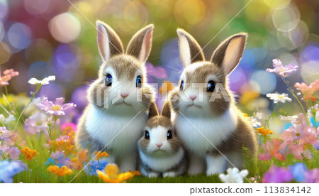 Cute rabbit parent and child standing in a flower field 113834142