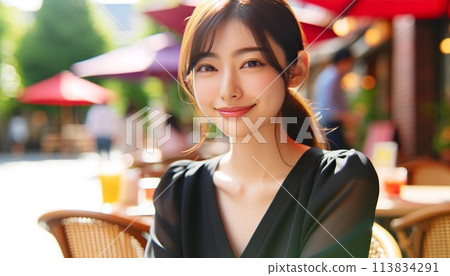 Young woman enjoying a date at an open cafe 113834291