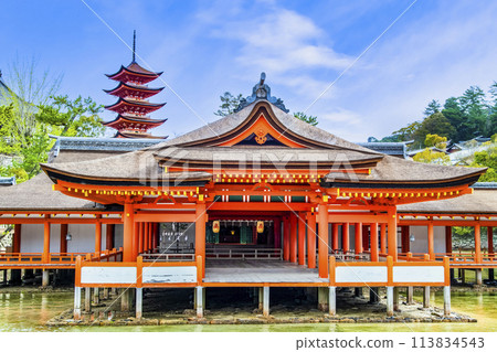 Hiroshima Itsukushima Shrine, purification hall and five-story pagoda Hiroshima Itsukushima Shrine, purification hall and five-story pagoda 113834543