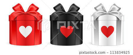 Vector set of red, black and white color round shape gift boxes with heart icons, isolated on white 113834925