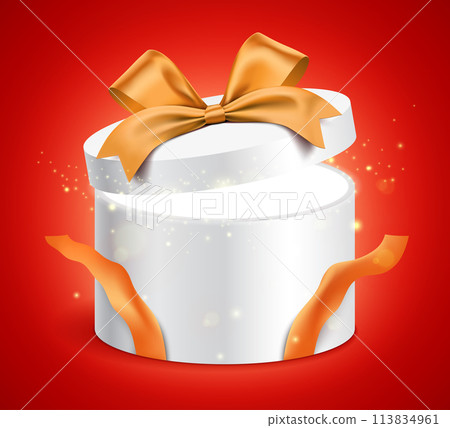 White round gift box with golden ribbon and glowing glitter light. Holiday surprise giftbox vector 113834961